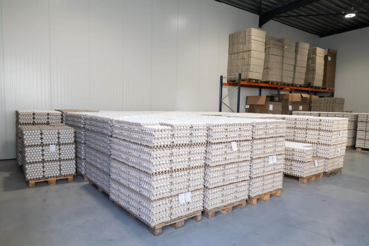 Eierladen op pallets gestapeld
